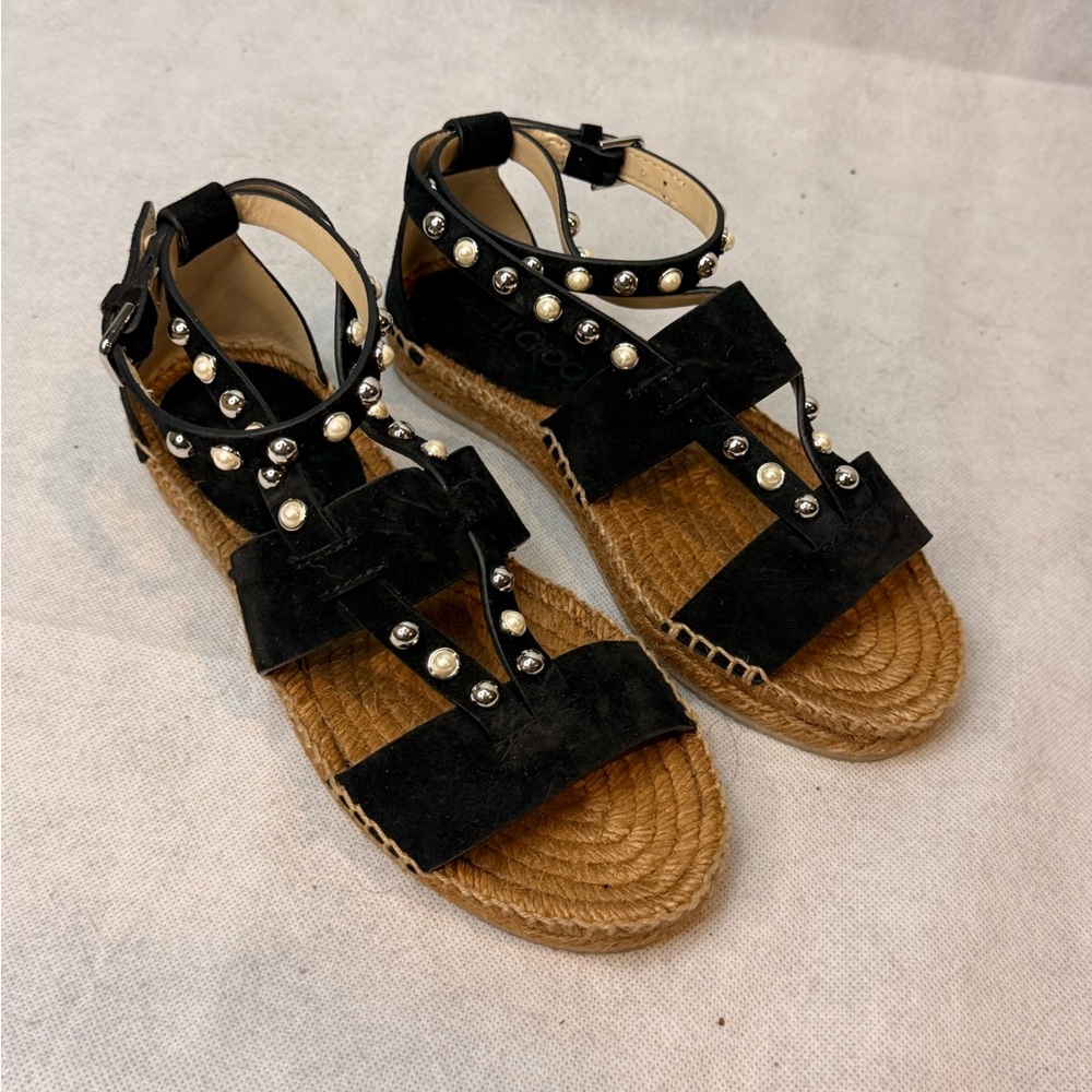 Jimmy Choo Black Suede Pearl Espadrille SZ 35 Never Worn Studded Flat